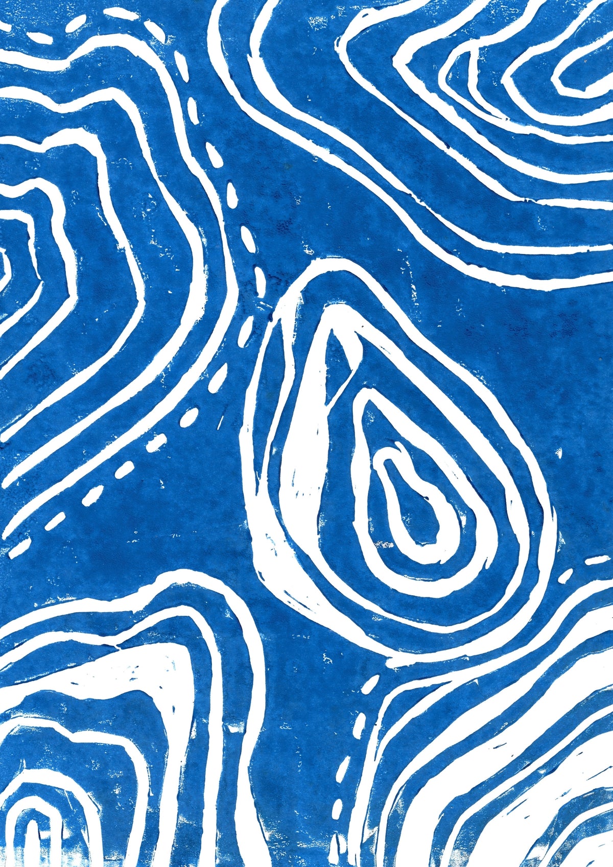 Linoleumstryk: "Stille pause", A4, Blåt