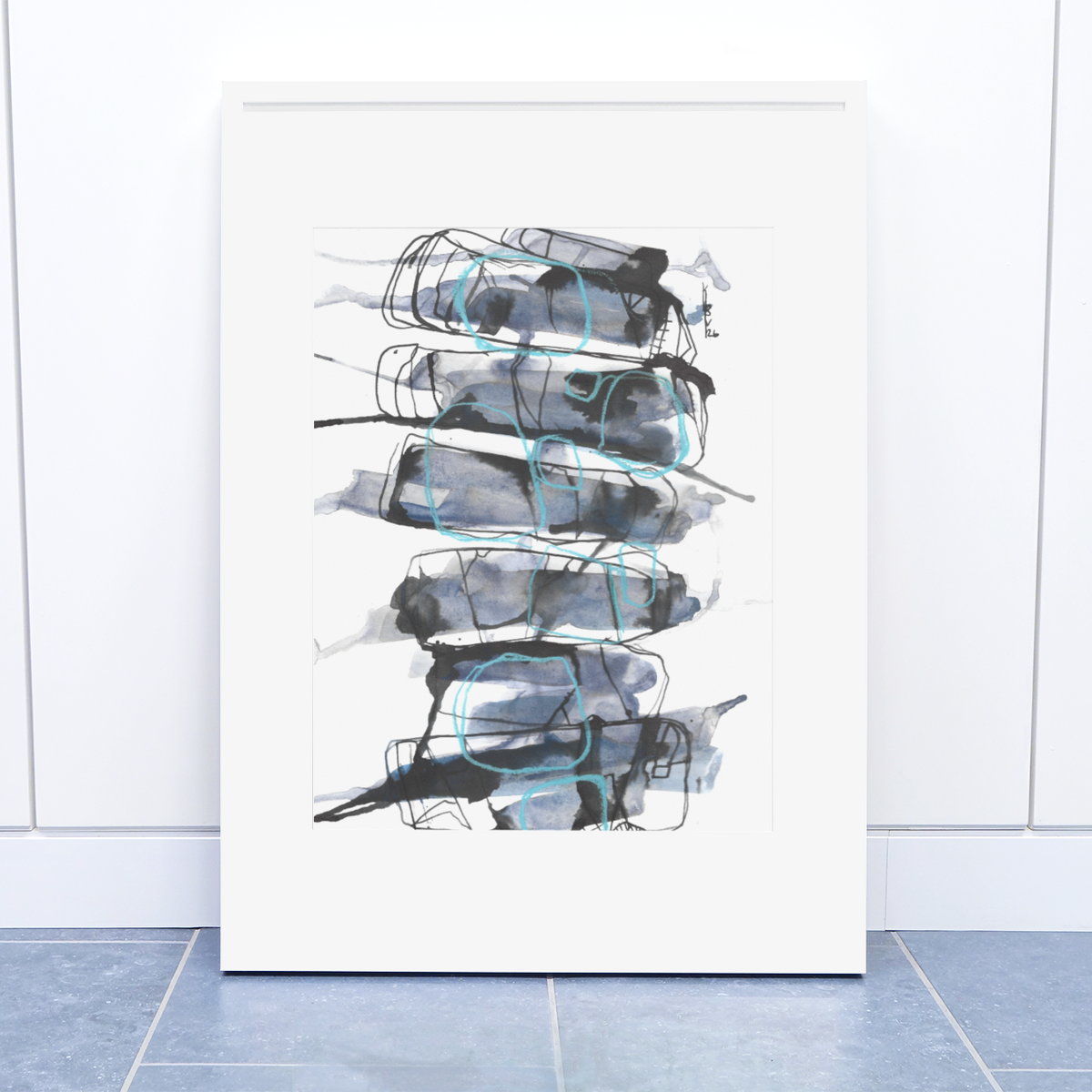 Håndlavet illustration: "Daglige skridt", A4, Blå.